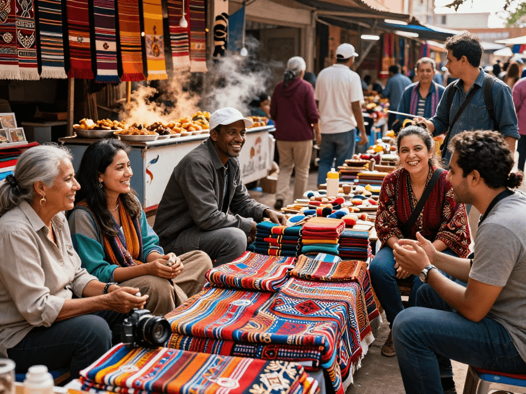 Exploradores interagindo em um mercado multicanais vibrante com produtos locais.
