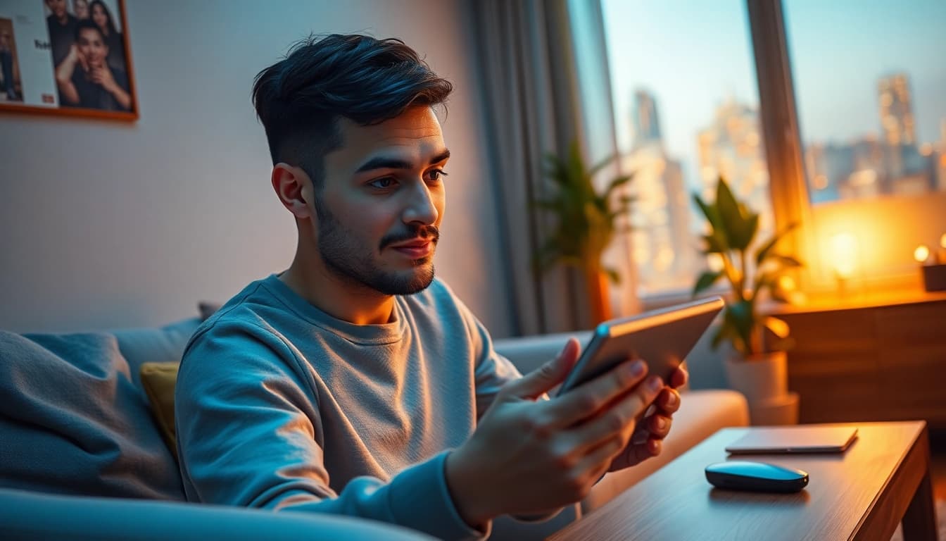 Engaging with the Crushon AI chatbot in a modern living room setting with ambient lighting.