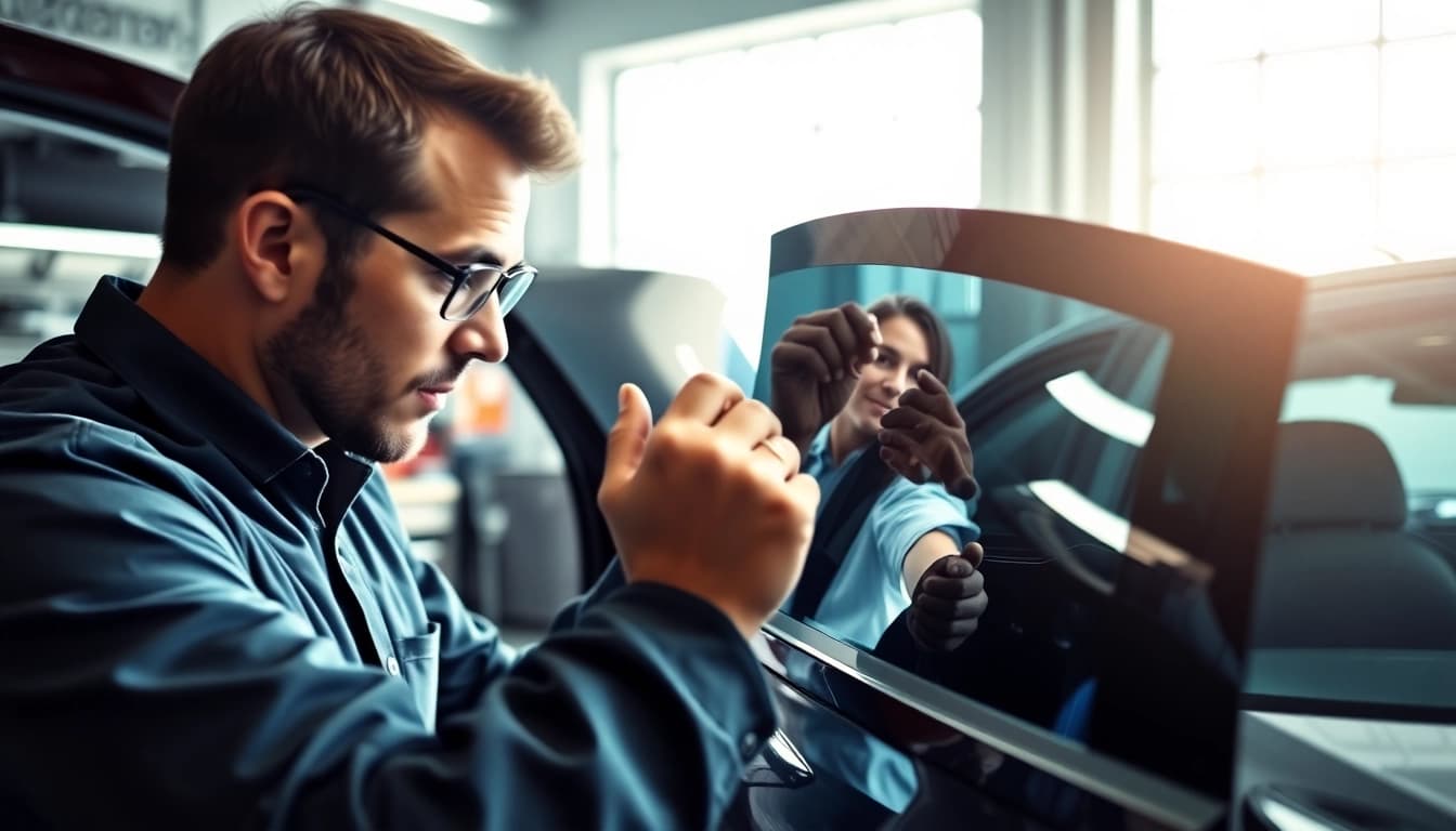 Applying window tint near me to enhance vehicle aesthetics and privacy in a professional workshop.