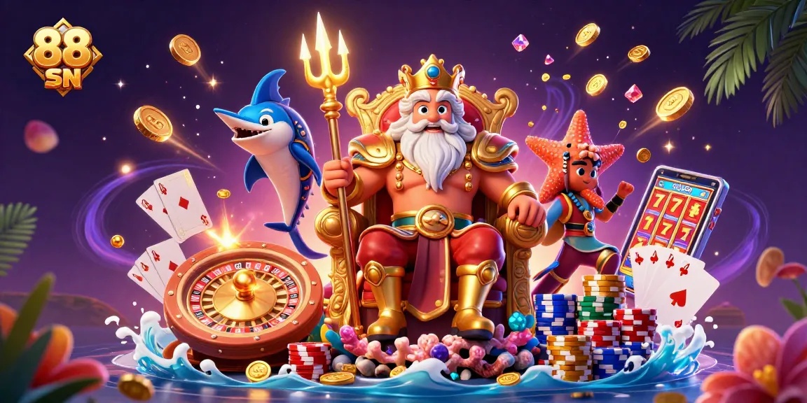 Experience the thrill of 88 SN with glowing tridents, vibrant coins, and casino symbols.