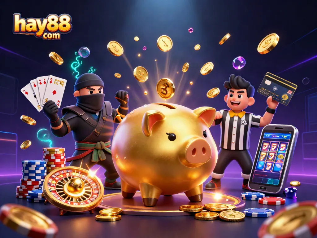 Win big at hay88 com with a dynamic scene showing a piggy bank sumo wrestler and a ninja in a 3D Casino setting.