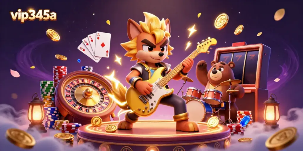 Experience the excitement at vip345a with a dynamic 3D illustration of a rock star wolf and drummer bear amidst a vibrant casino scene.