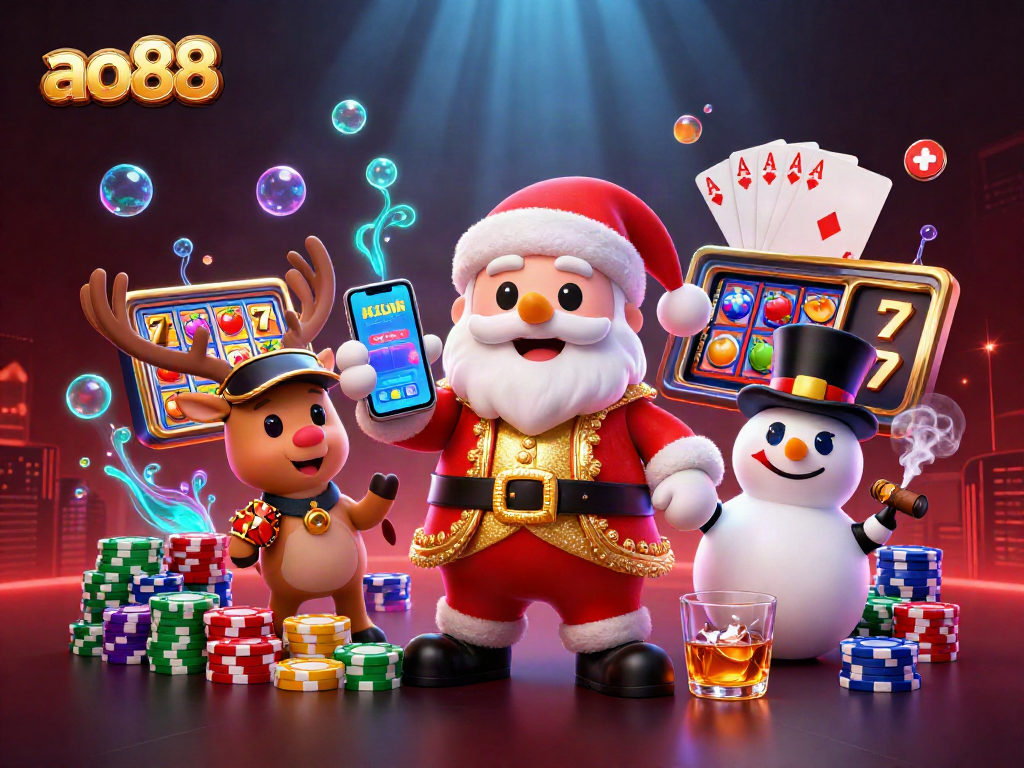 Spin and win at ao88 with Santa and friends enjoying vibrant casino action.