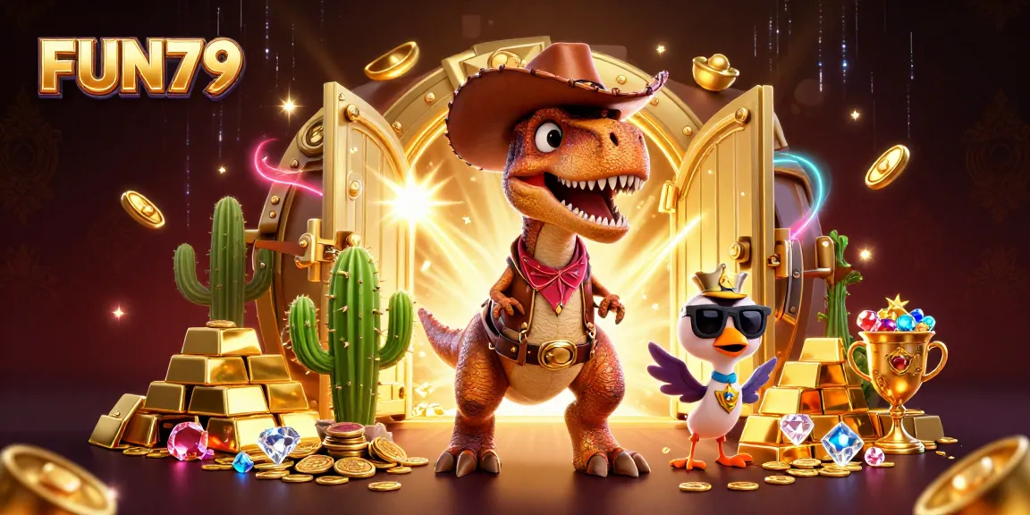 WIN big at FUN79 with exciting 3D gambling adventure featuring a T-Rex and treasures.