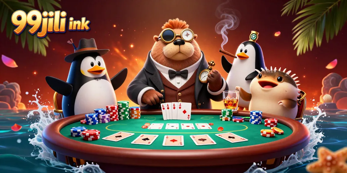 Engage with 99jili ink in an underwater poker game featuring a jolly walrus and friends.