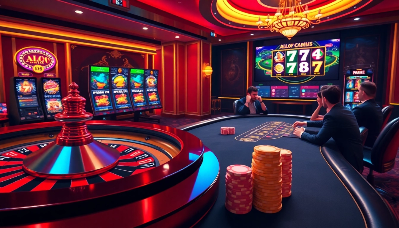 Alo789 online casino scene featuring vibrant roulette wheel and colorful poker chips.