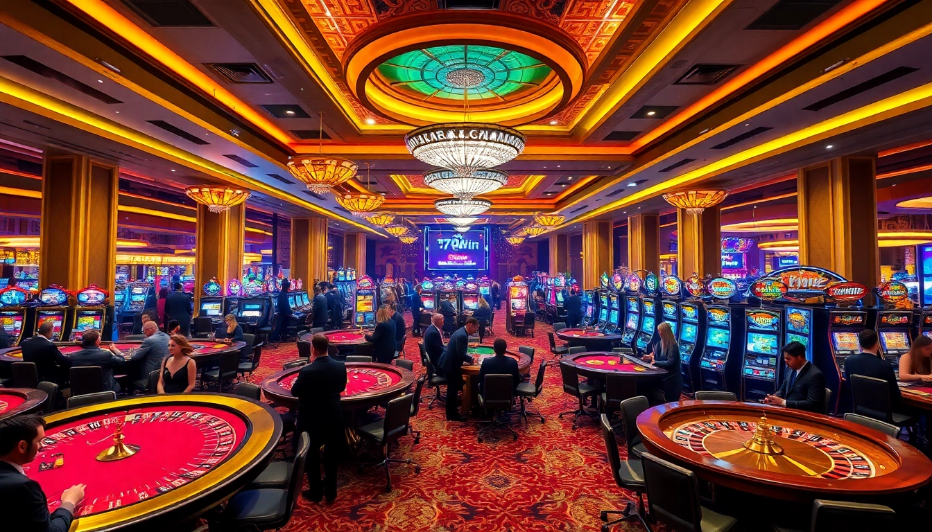 Players enjoying games at 78win casino, showcasing excitement with roulette wheels and poker tables.