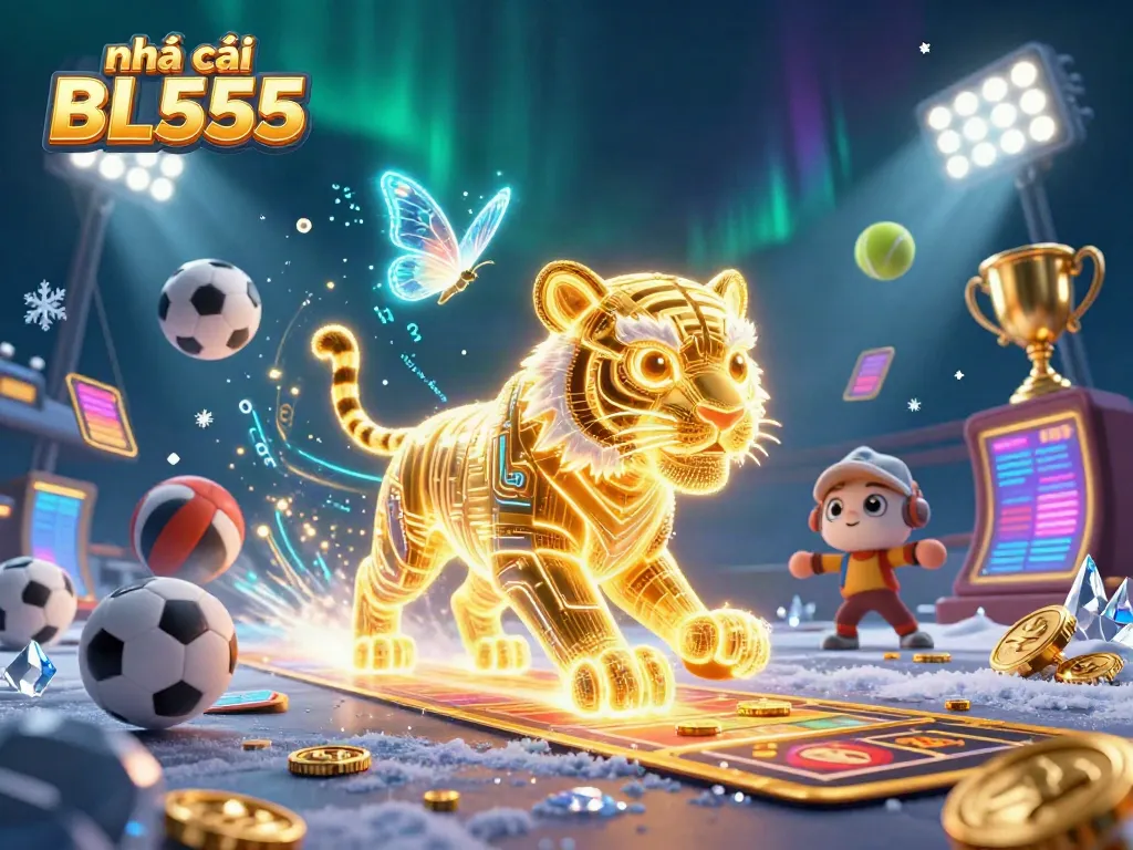 Experience the vibrant world of nhà cái BL555 with a neon wireframe tiger in a digital casino.