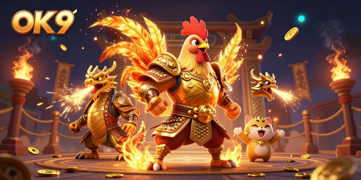 Experience thrilling action at OK 9 with a cartoon fighting rooster and dragon in a captivating casino scene.