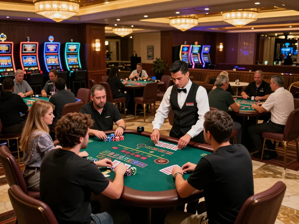 Players at 688V blackjack tables engaging in thrilling gameplay illuminated by warm lighting.