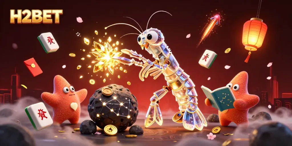 H2BET showcases excitement with a dynamic scene featuring a galactic samurai mantis shrimp and treasure, perfect for online betting.