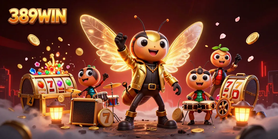 Engage with the vibrant slots scene at 389WIN featuring a buzzing cicada rock star and dynamic elements.