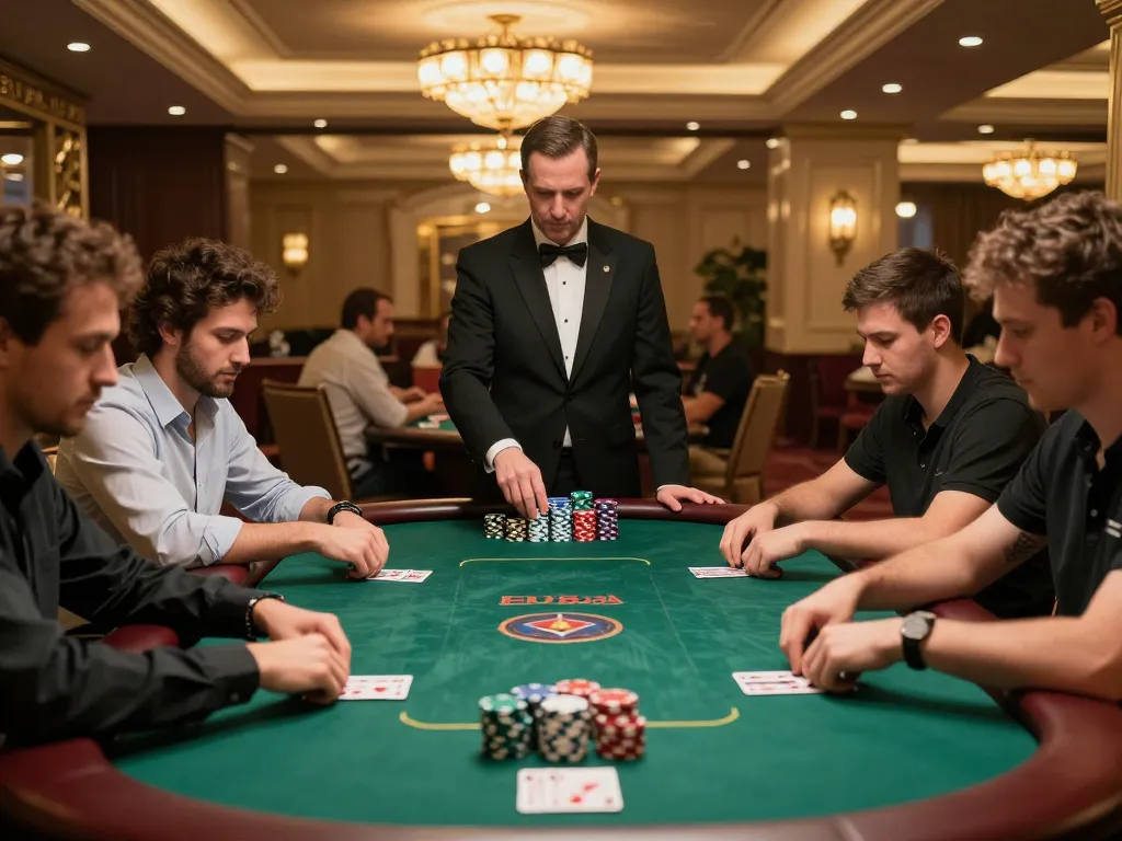Players engaging in an intense x333 poker game with high stakes, chips stacked and cards visible, creating a thrilling casino moment.