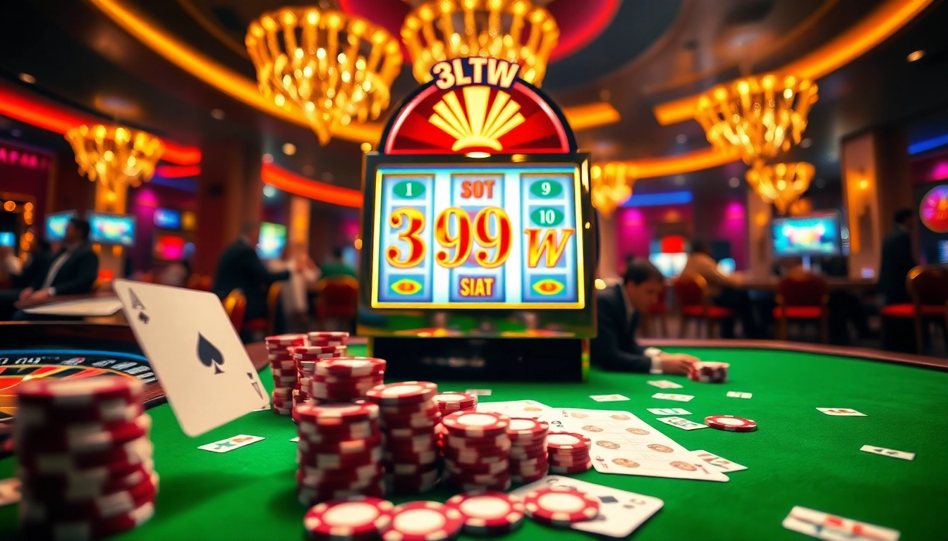 Players enjoying a thrilling game at the 399w casino, surrounded by vibrant slot machines and poker chips.