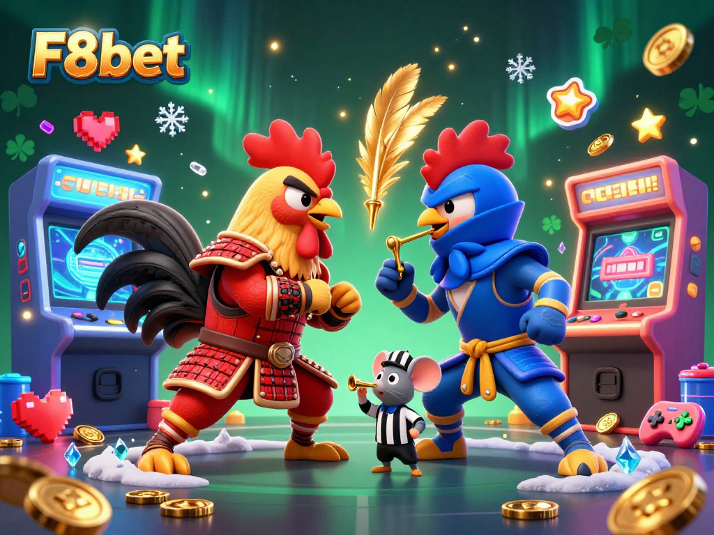 Engage in thrilling action with F8bet as rooster warriors clash in an arcade casino adventure.