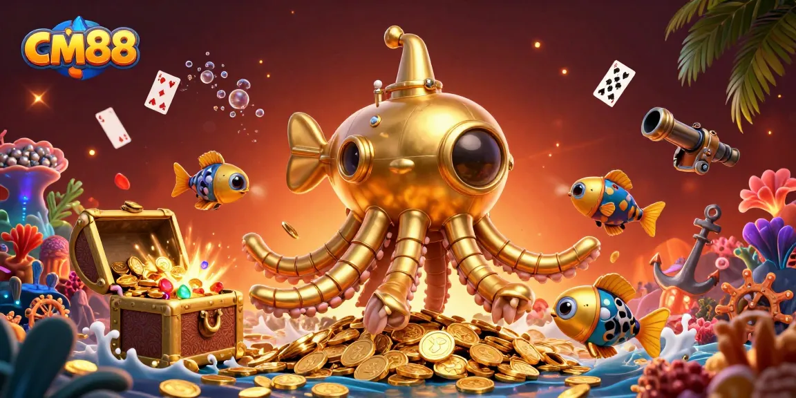 Join the thrilling cm88 experience with a legendary kraken submarine amidst spectacular gaming treasures.