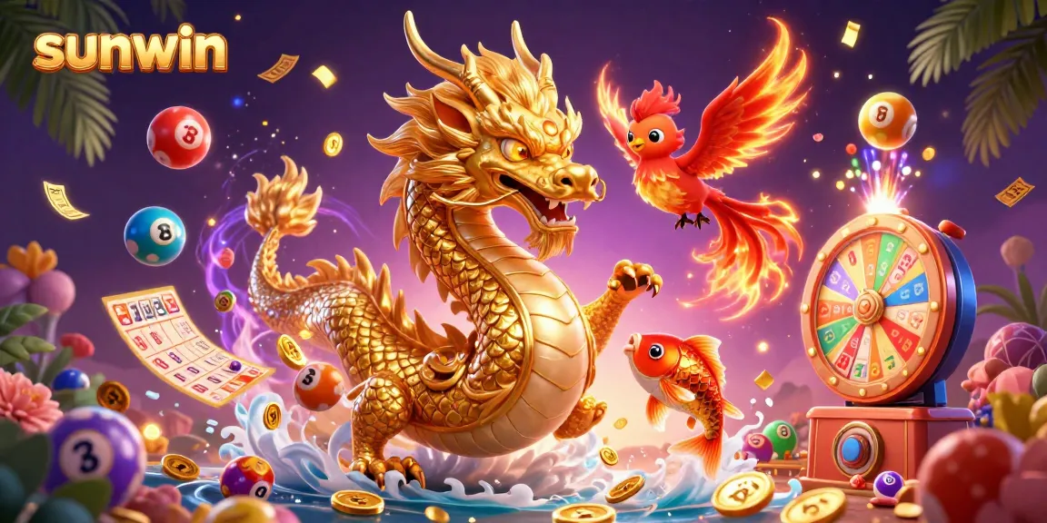 Experience thrilling wins in sunwin with a 3D scene of a dragon, phoenix, and koi fish.