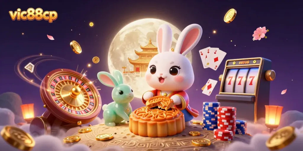 Experience the winning excitement at vic88cp with a dynamic casino scene featuring a moon rabbit and gold coins.