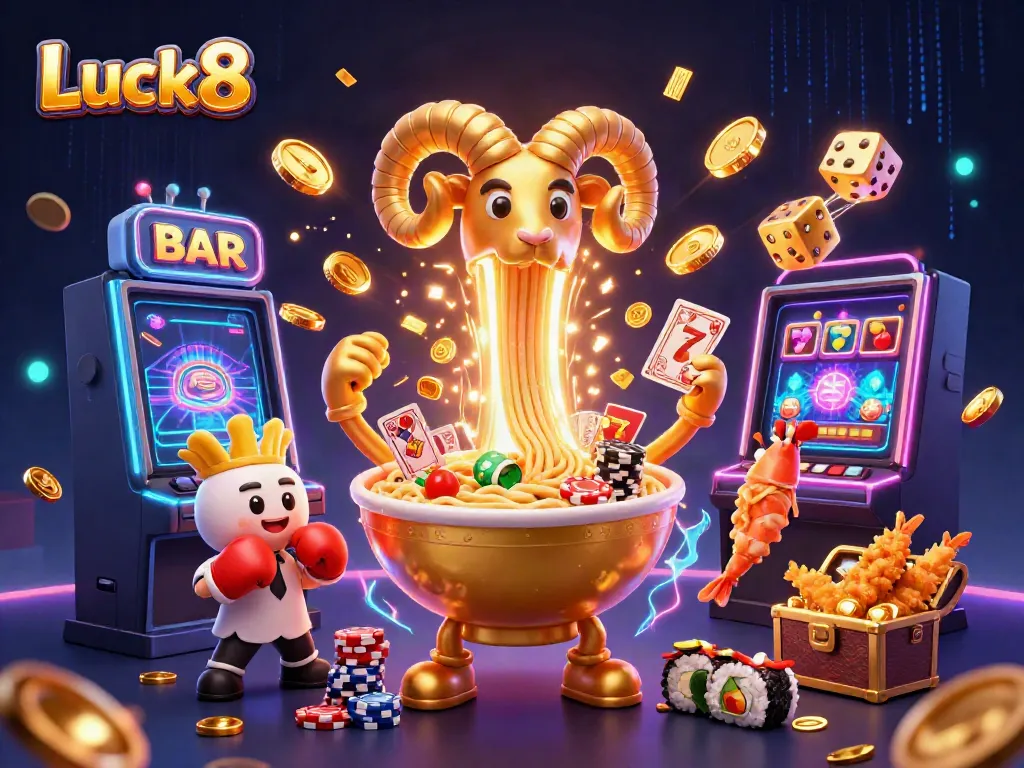 Luck8 vibrant illustration features a giant golden ramen bowl character surrounded by engaging casino elements and energetic atmosphere.