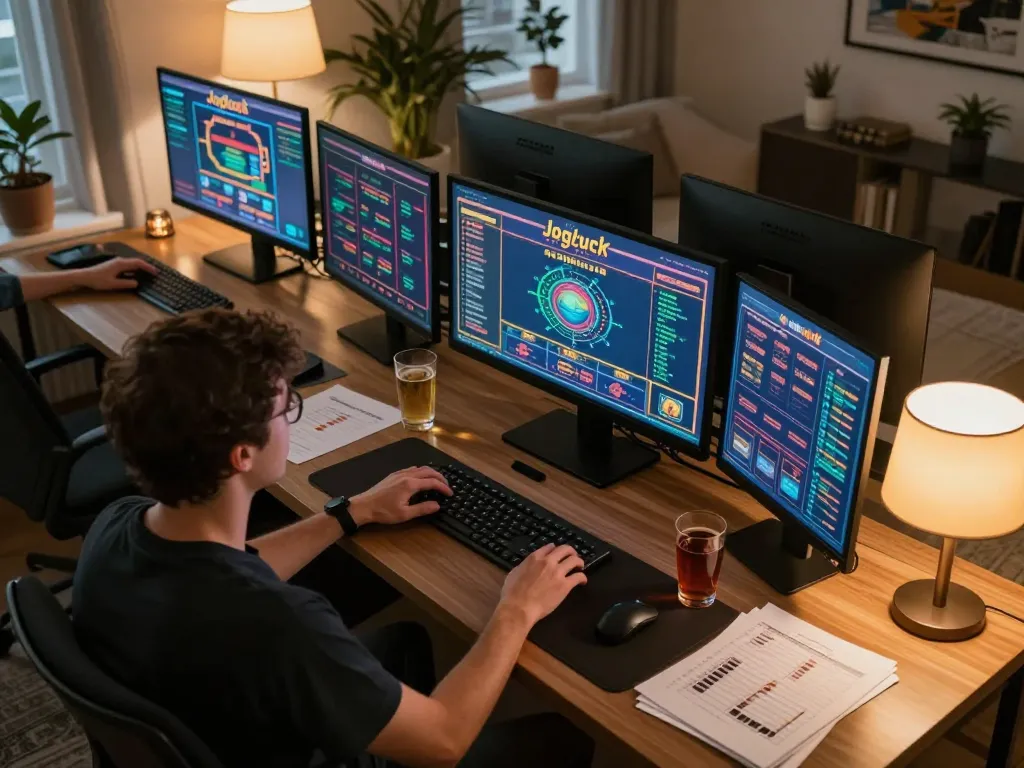 Player strategizing while using Jogoluck online gaming platform at a modern home office.