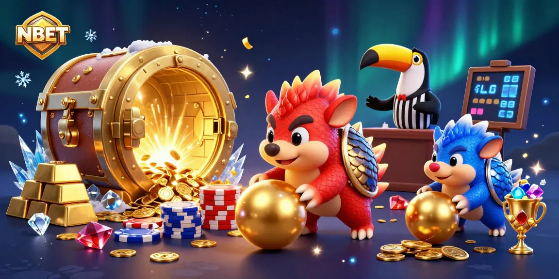 Compete in the NBET casino game with rival pangolins amidst sparkling treasures and vibrant effects.