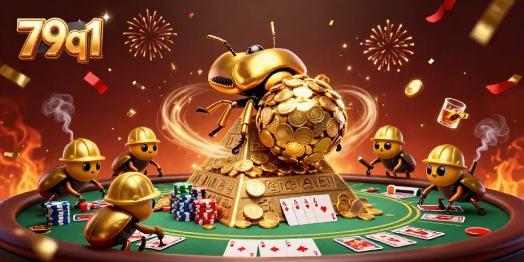 Engage with 79q1’s vibrant casino adventure featuring a golden beetle rolling coins in a rich, animated scene.