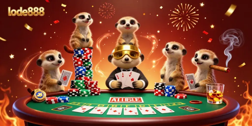 Experience the thrilling atmosphere of lode888 with cartoon meerkats running a dynamic casino, showcasing poker elements and vibrant celebrations.