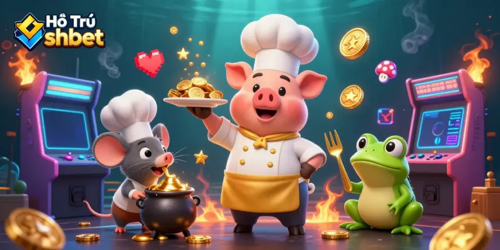 Experience the vibrant 3D casino world with Hỗ Trợ shbet, featuring chef pig and gaming elements.