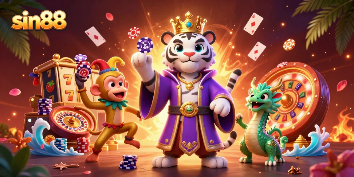 Experience sin88's vibrant casino atmosphere with a whimsical tiger, monkey, and jade dragon.