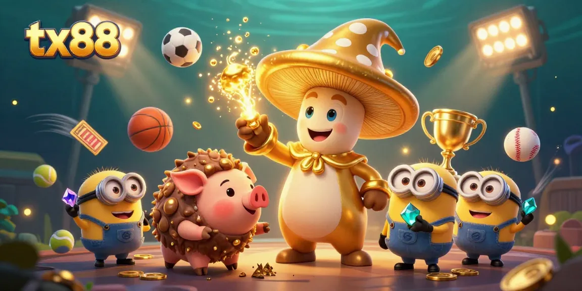 Experience the magic of tx88 with a golden mushroom wizard and treasure-hunting truffle pig in a dynamic casino scene.