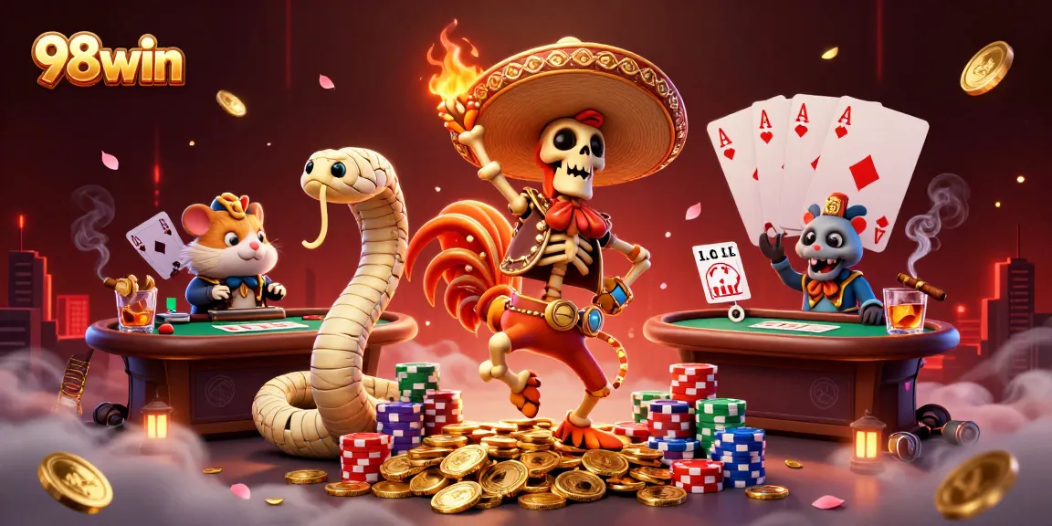 98win features a lively scene with a mariachi rooster celebrating on coins and poker elements in a casino.