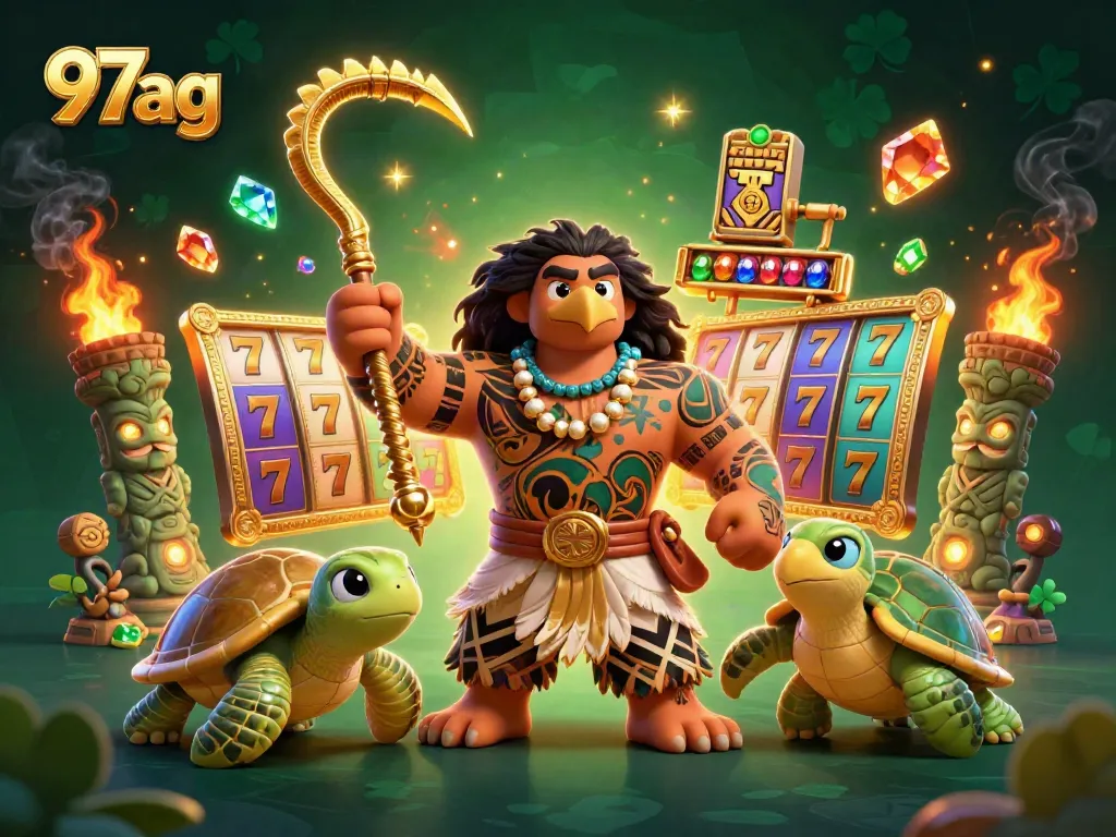 Spin reels with 97ag's thrilling Polynesian-themed casino illustration bursting with gems and treasures.