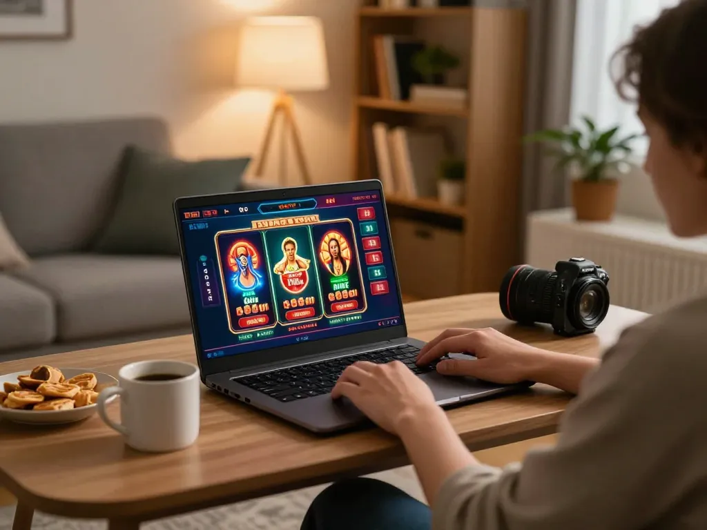 Engaging in online casino gameplay on 40WIN using a laptop in a cozy home setting, showcasing strategic betting.