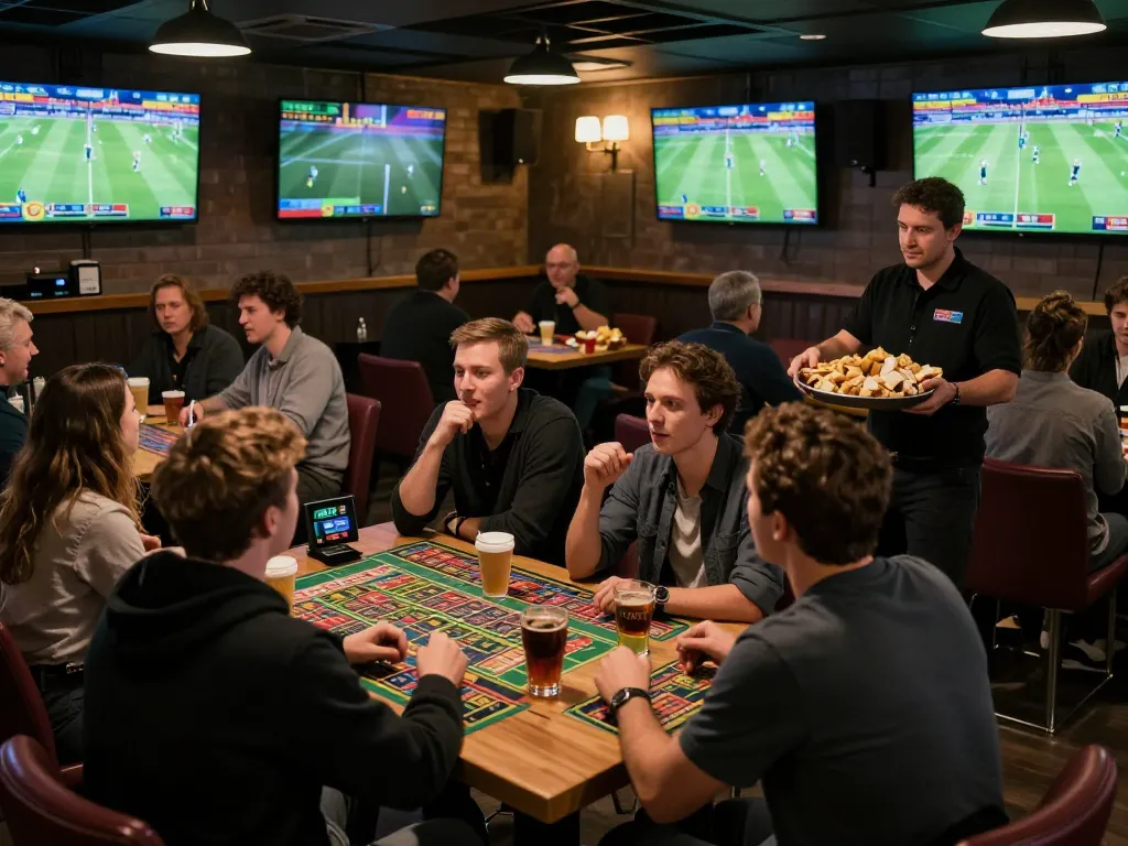 Betting enthusiasts enjoying live action at oxbet sports bar, analyzing odds and making bets.