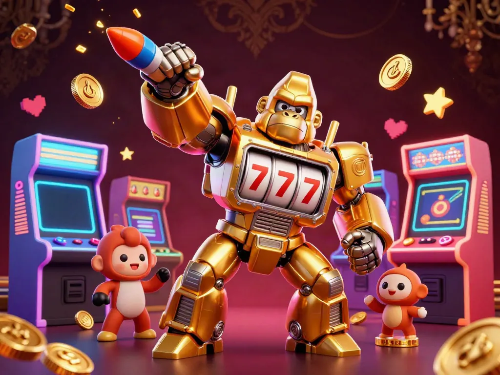 Spin and win big at 9bet with a vibrant illustration featuring a golden gorilla mech surrounded by gaming elements.