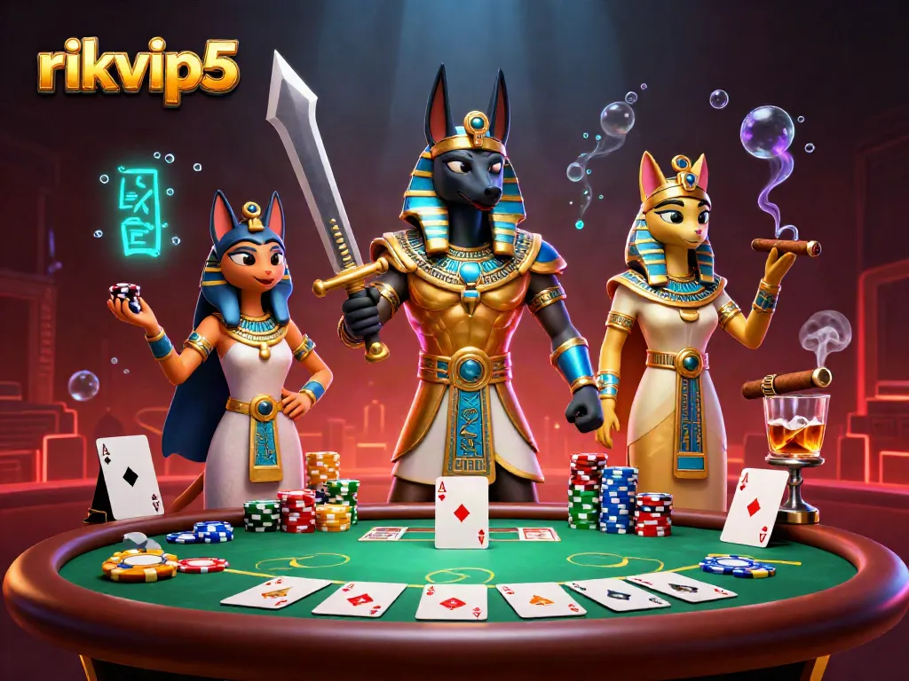 Engage in thrilling poker action at rikvip5 with Anubis and Bastet amidst vibrant gaming elements.