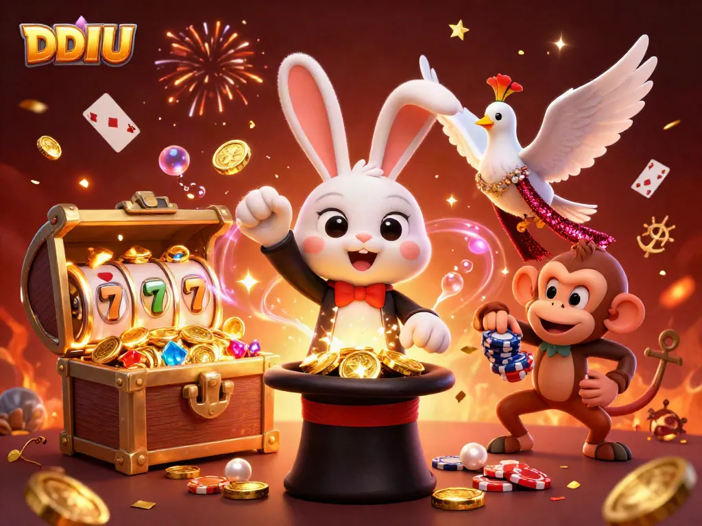 Play and win with DDUU - vibrant casino illustration showcasing a magician rabbit, dove, and monkey amid slot reels.