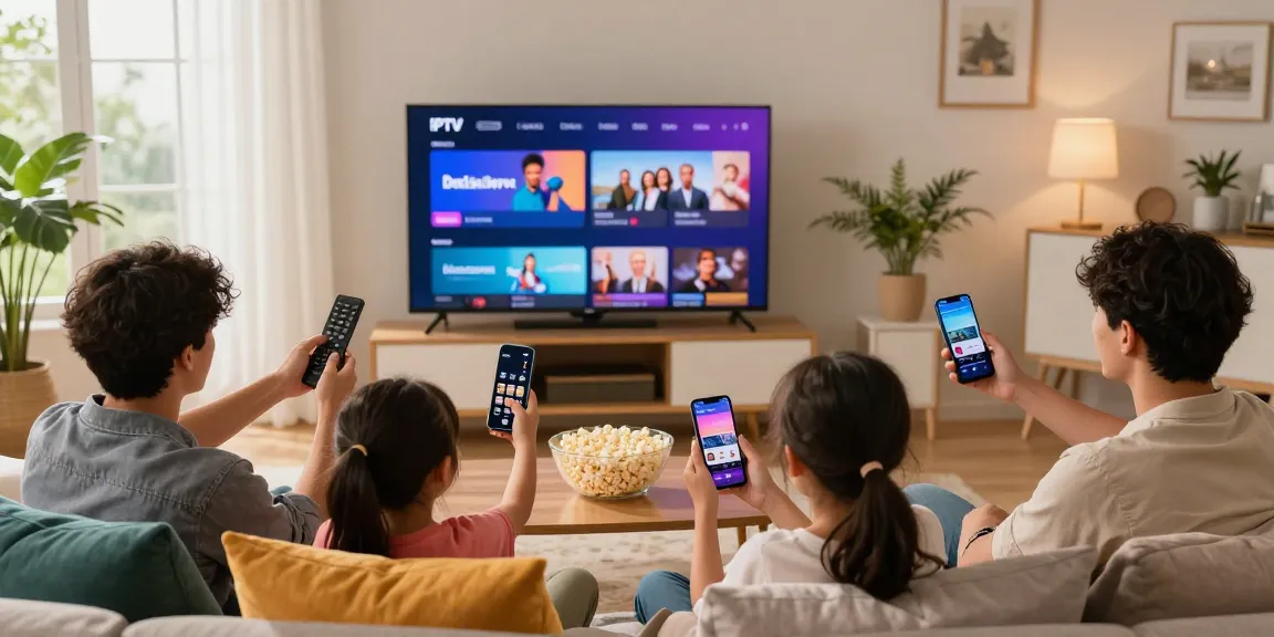 Família assistindo IPTV no conforto da sala com bestbraziliptv.