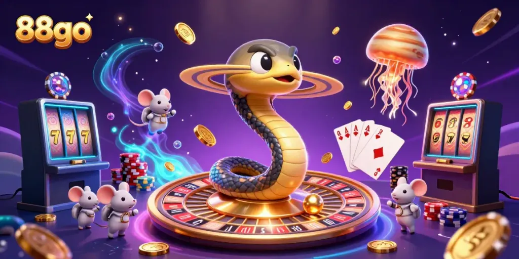 Experience the excitement of 88go's cosmic casino scene with vibrant characters and action-packed elements.