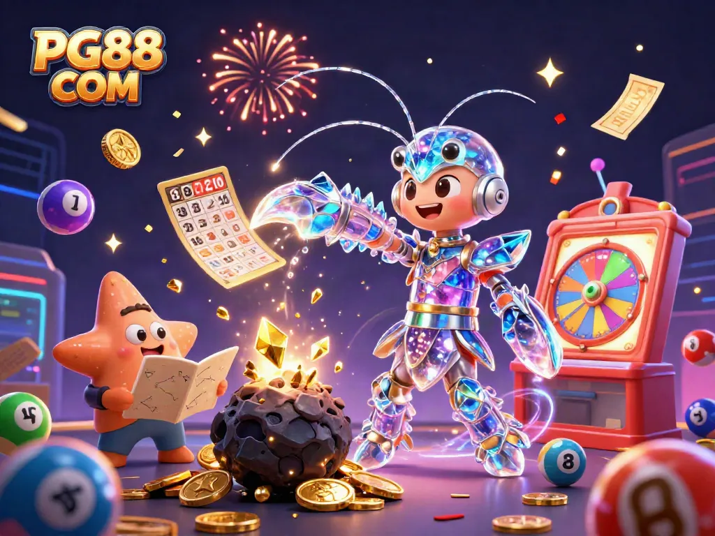 Experience the excitement of PG88 COM with galactic characters amidst vibrant casino games and prizes.