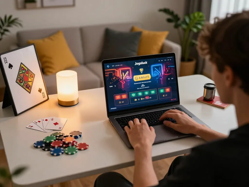 Person playing on jogoluck platform in a cozy home setup, showing online gaming excitement.