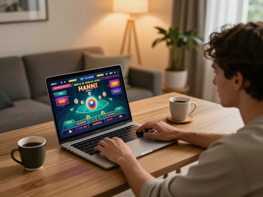 Player engaging with 27G online casino via laptop, showcasing vibrant gameplay and comfortable environment.