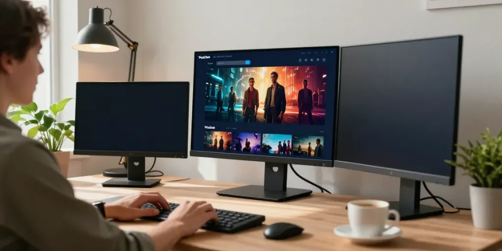 Usuário desfrutando do Youcine para PC em um ambiente de trabalho moderno com decoração aconchegante.