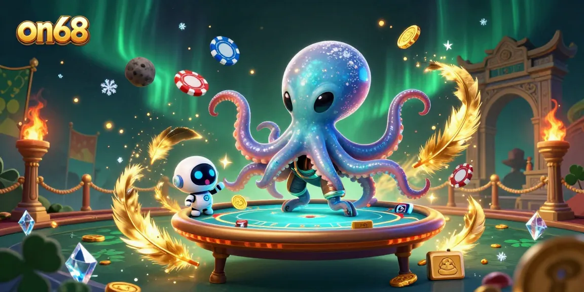 Experience the vibrant universe of on68 with an alien octopus managing holographic games while asteroids orbit in this thrilling casino scene.