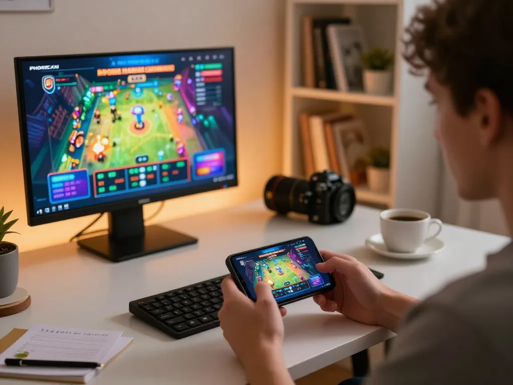PHDREAM user engaging with casino games on smartphone in a stylish home office, showcasing modern digital entertainment