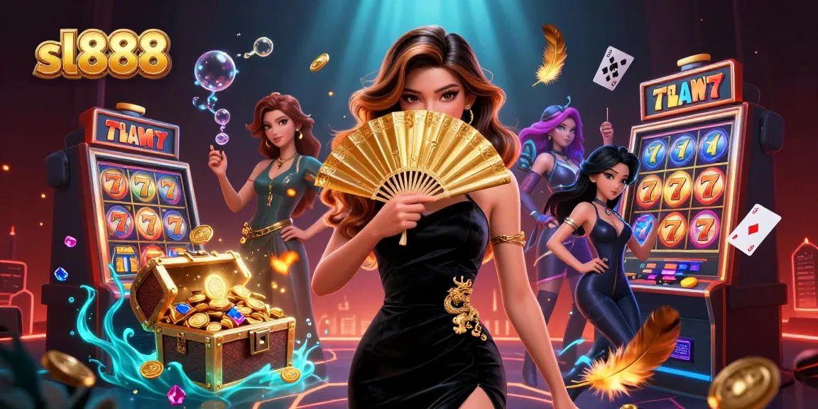 Engage in thrilling gameplay with sl888 as vibrant slot reels and an elegant woman define the casino experience.