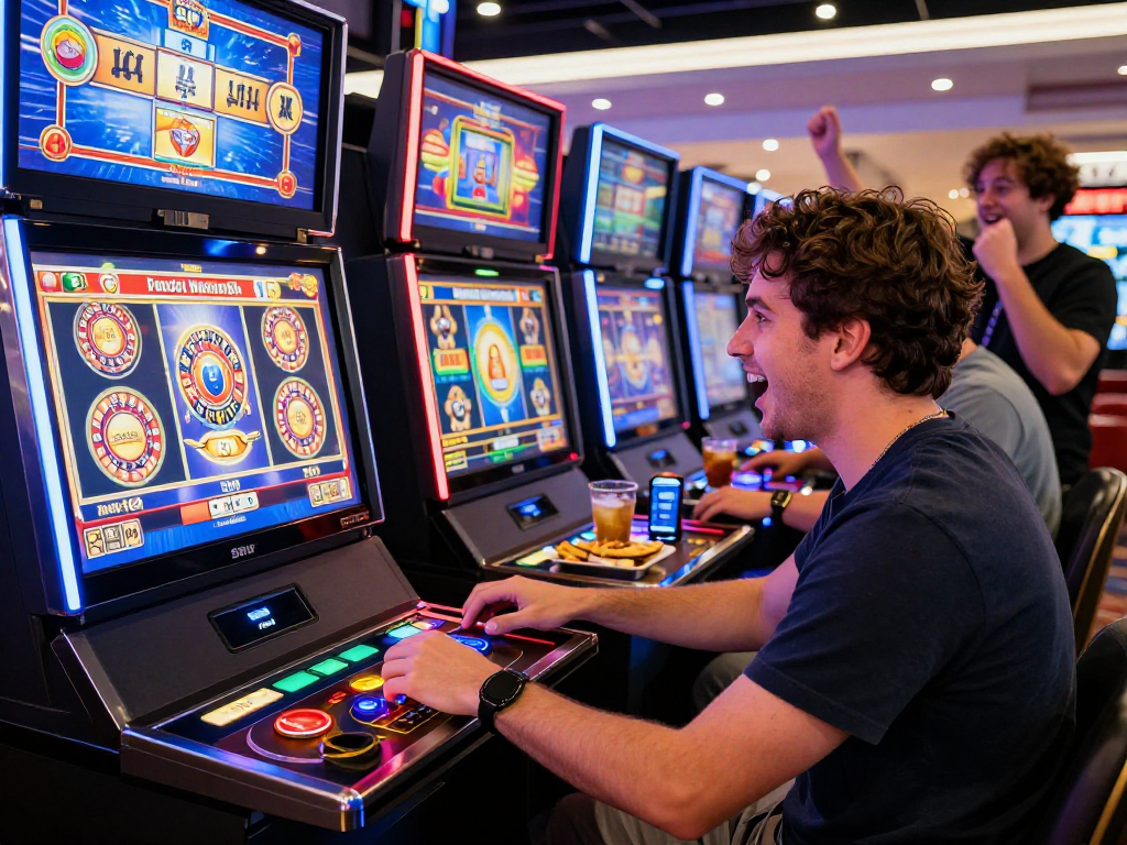 Jogador animado utilizando SPBET para depositar via PIX em cassino online, iluminação vibrante e jogos populares ao fundo.