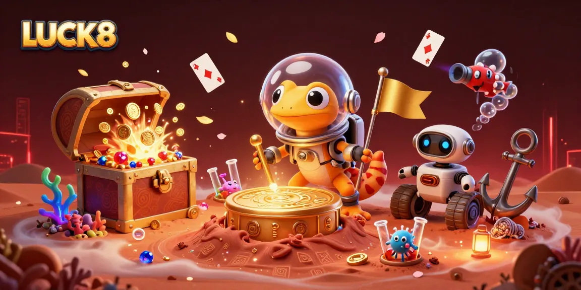 LUCK8 gameplay features a Martian gecko discovering a golden casino with vibrant treasures and dynamic gaming elements.