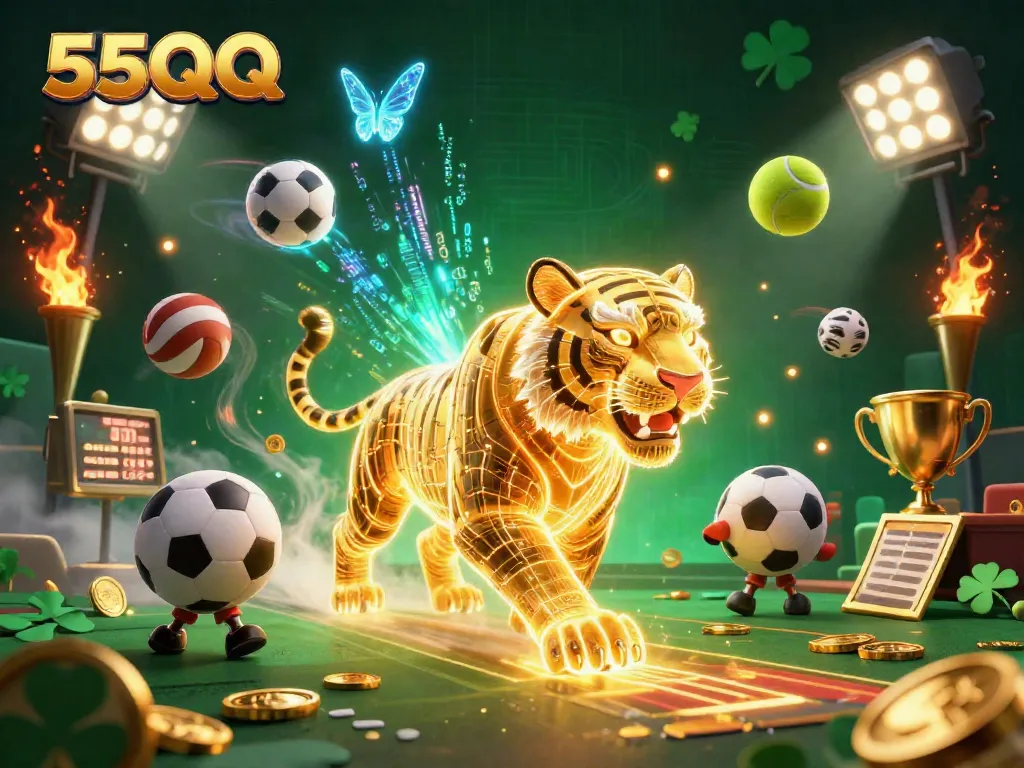 Experience thrilling gaming action with 55QQ's enchanting digital casino landscape featuring a golden tiger.