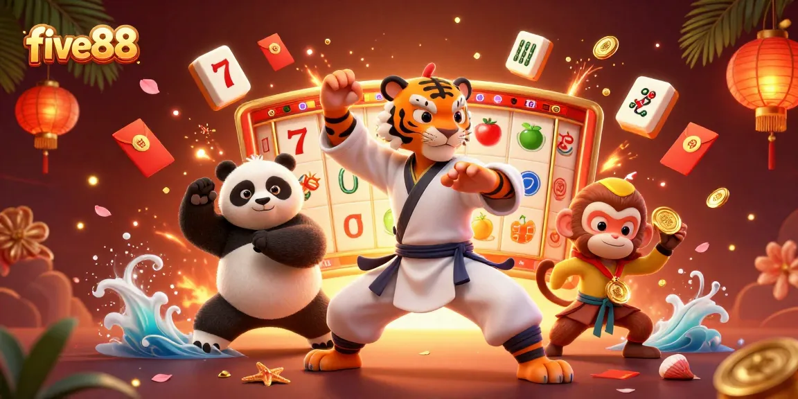 Engage with five88: 3D tiger and panda characters in a vibrant casino scene filled with dynamic elements.